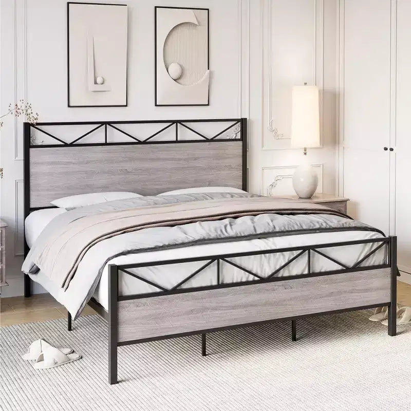 Struttura letto King Size con testiera, struttura letto a piattaforma King industriale con 14 robuste doghe in metallo, spazio contenitivo sotto il letto, nessun rumore