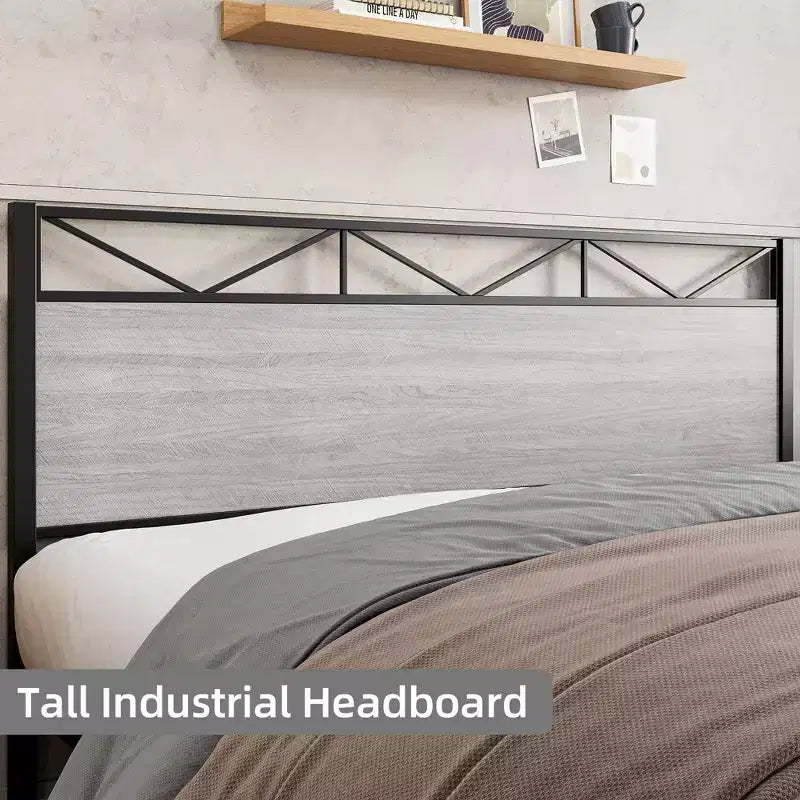Struttura letto King Size con testiera, struttura letto a piattaforma King industriale con 14 robuste doghe in metallo, spazio contenitivo sotto il letto, nessun rumore