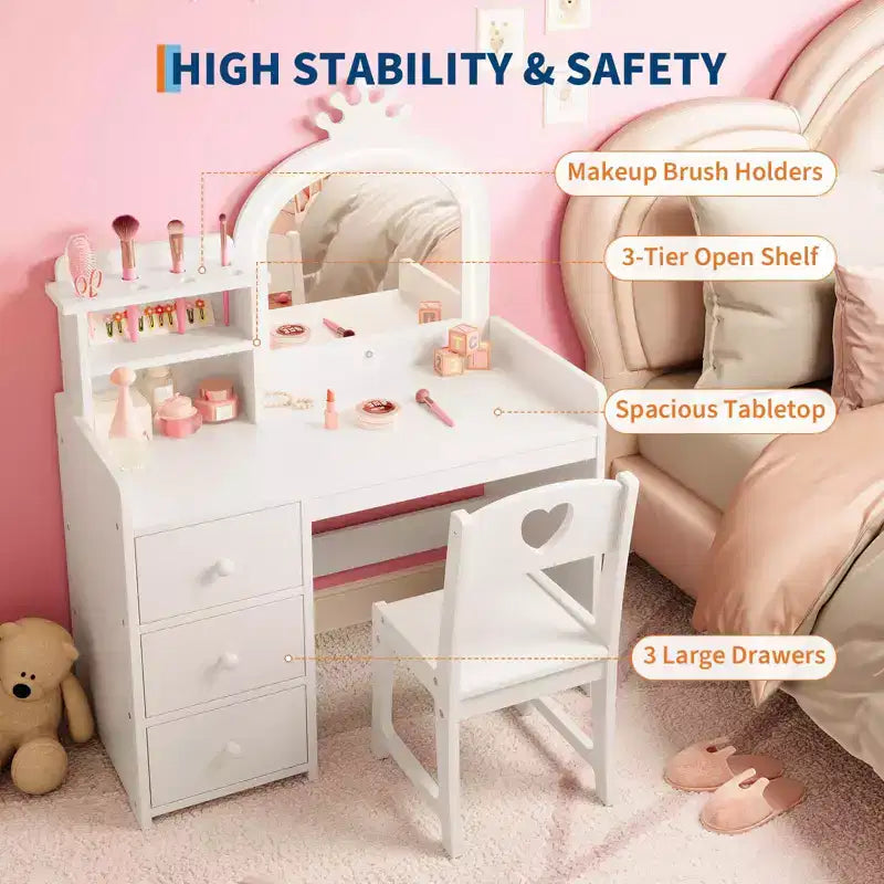 Toeletta per bambini con specchio e luci, Set trucco rosa da principessa in legno con sedia, mensole e cassetti, Tavolo da trucco 2-in-1 per ragazze