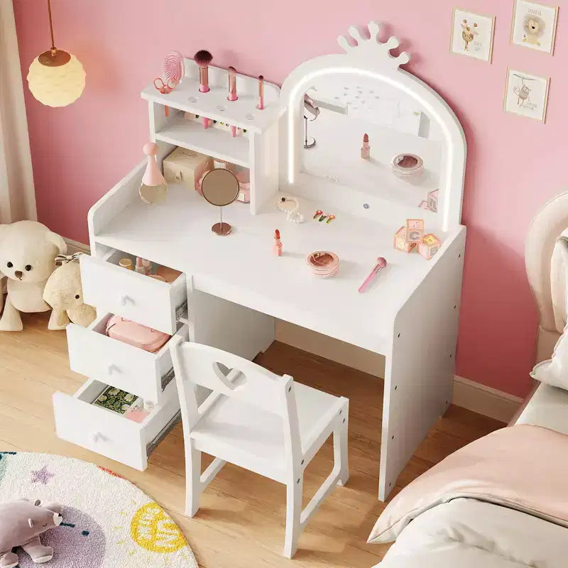 Toeletta per bambini con specchio e luci, Set trucco rosa da principessa in legno con sedia, mensole e cassetti, Tavolo da trucco 2-in-1 per ragazze