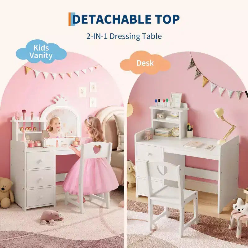 Toeletta per bambini con specchio e luci, Set trucco rosa da principessa in legno con sedia, mensole e cassetti, Tavolo da trucco 2-in-1 per ragazze