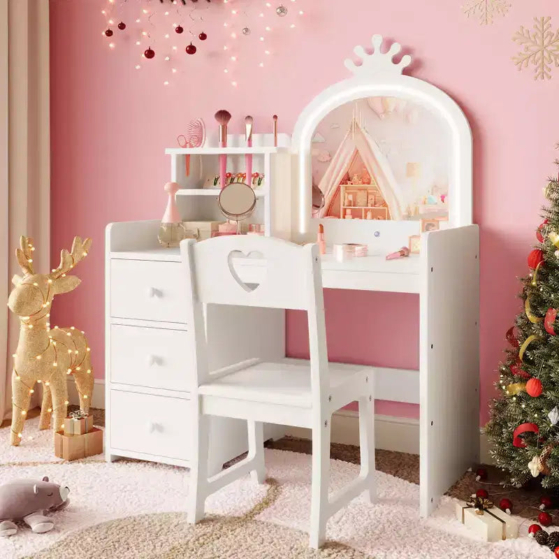 Toeletta per bambini con specchio e luci, Set trucco rosa da principessa in legno con sedia, mensole e cassetti, Tavolo da trucco 2-in-1 per ragazze