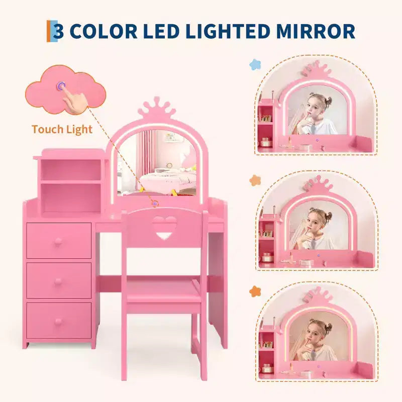 Toeletta per bambini con specchio e luci, Set trucco rosa da principessa in legno con sedia, mensole e cassetti, Tavolo da trucco 2-in-1 per ragazze