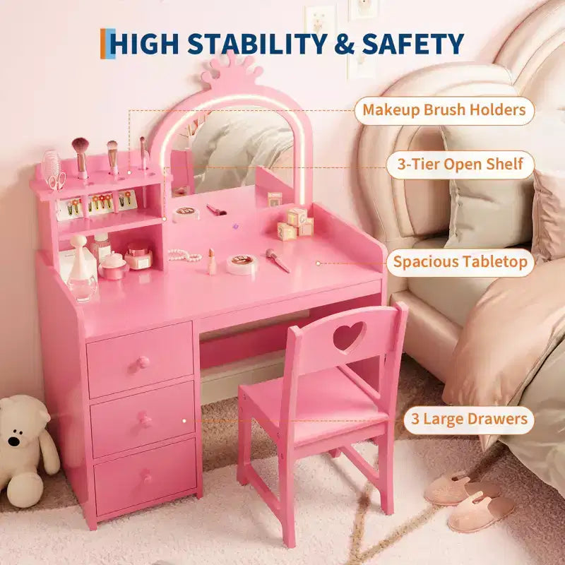 Toeletta per bambini con specchio e luci, Set trucco rosa da principessa in legno con sedia, mensole e cassetti, Tavolo da trucco 2-in-1 per ragazze