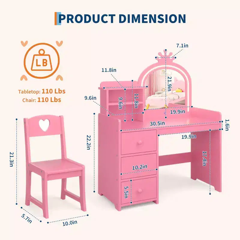 Toeletta per bambini con specchio e luci, Set trucco rosa da principessa in legno con sedia, mensole e cassetti, Tavolo da trucco 2-in-1 per ragazze