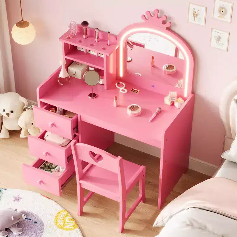 Toeletta per bambini con specchio e luci, Set trucco rosa da principessa in legno con sedia, mensole e cassetti, Tavolo da trucco 2-in-1 per ragazze