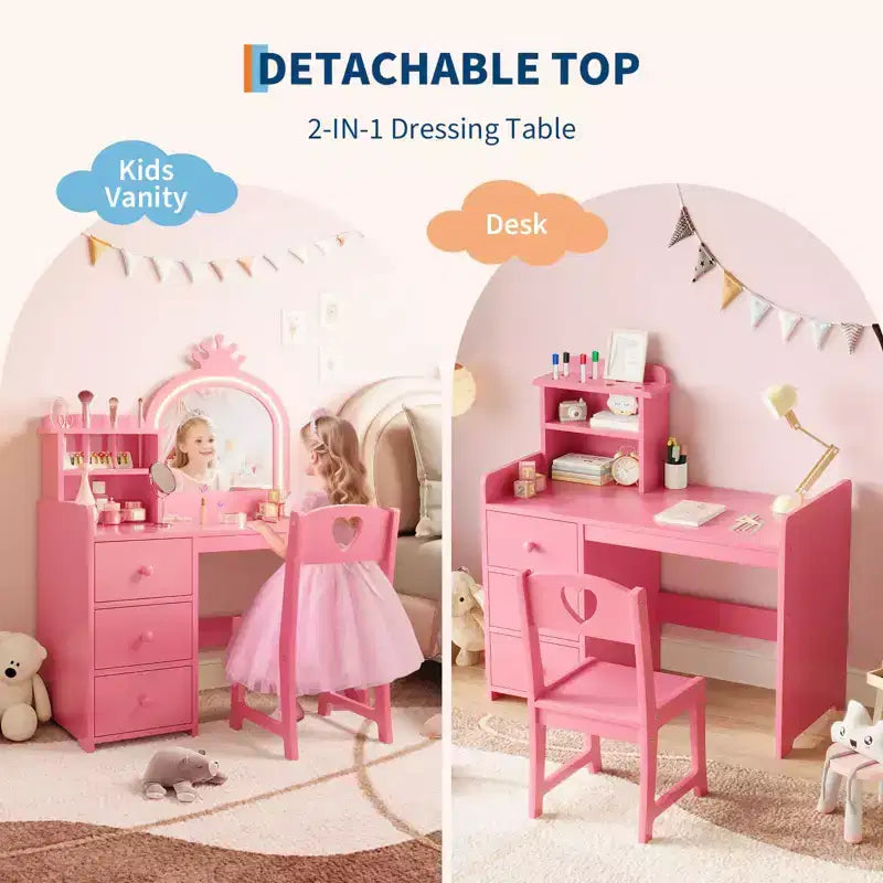 Toeletta per bambini con specchio e luci, Set trucco rosa da principessa in legno con sedia, mensole e cassetti, Tavolo da trucco 2-in-1 per ragazze