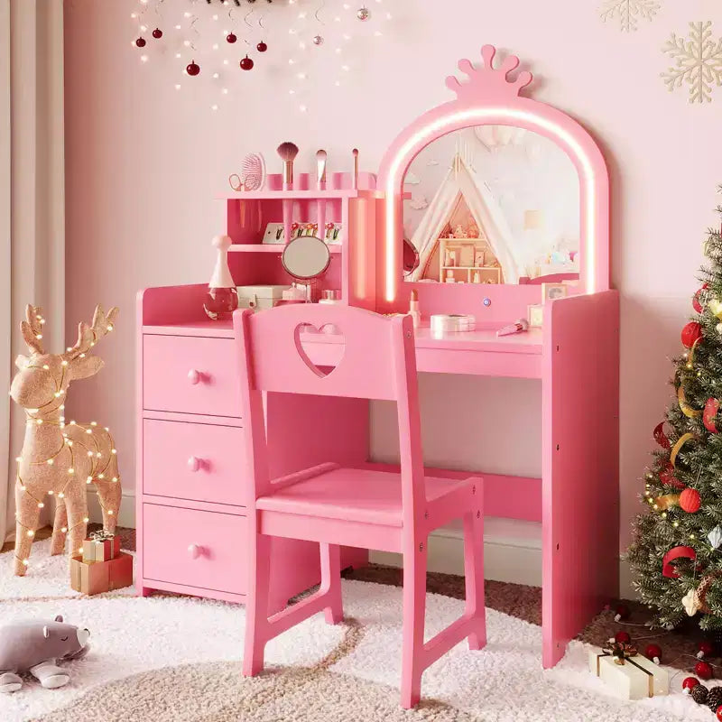 Toeletta per bambini con specchio e luci, Set trucco rosa da principessa in legno con sedia, mensole e cassetti, Tavolo da trucco 2-in-1 per ragazze