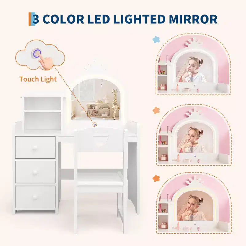 Toeletta per bambini con specchio e luci, Set trucco rosa da principessa in legno con sedia, mensole e cassetti, Tavolo da trucco 2-in-1 per ragazze