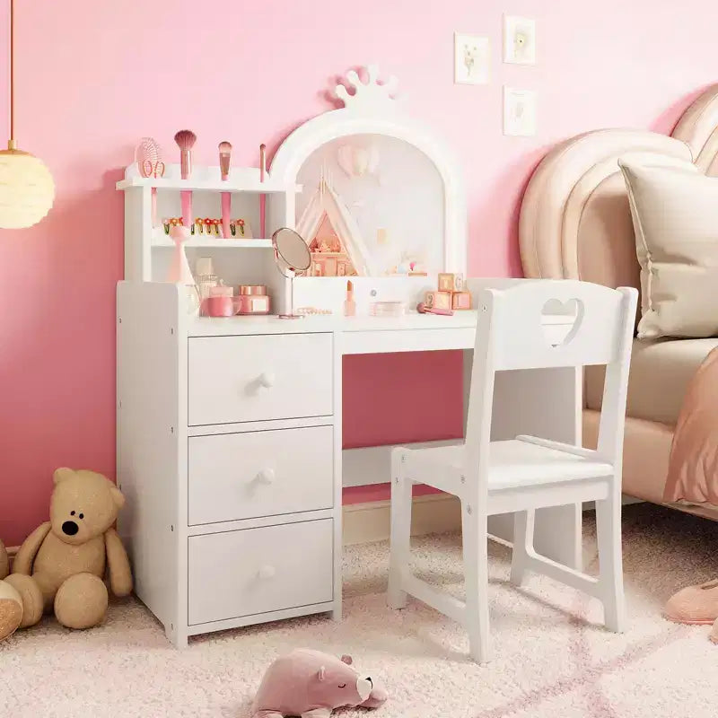 Toeletta per bambini con specchio e luci, Set trucco rosa da principessa in legno con sedia, mensole e cassetti, Tavolo da trucco 2-in-1 per ragazze