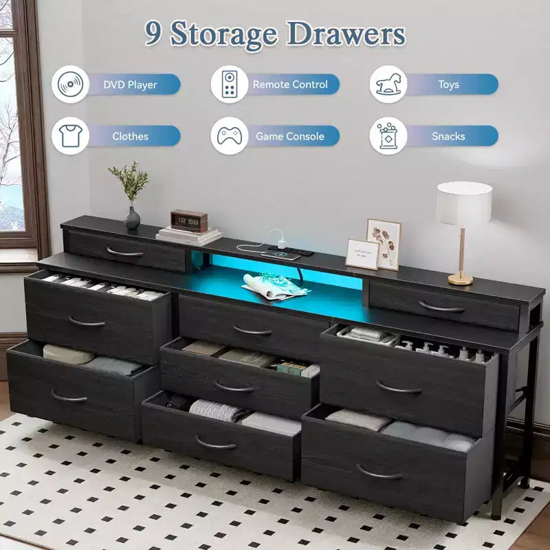 Cassettiera in tessuto grande, larga 160 cm, con 9 cassetti, luci LED, prese elettriche, ripiani e organizer, camera da letto, piano in legno nero