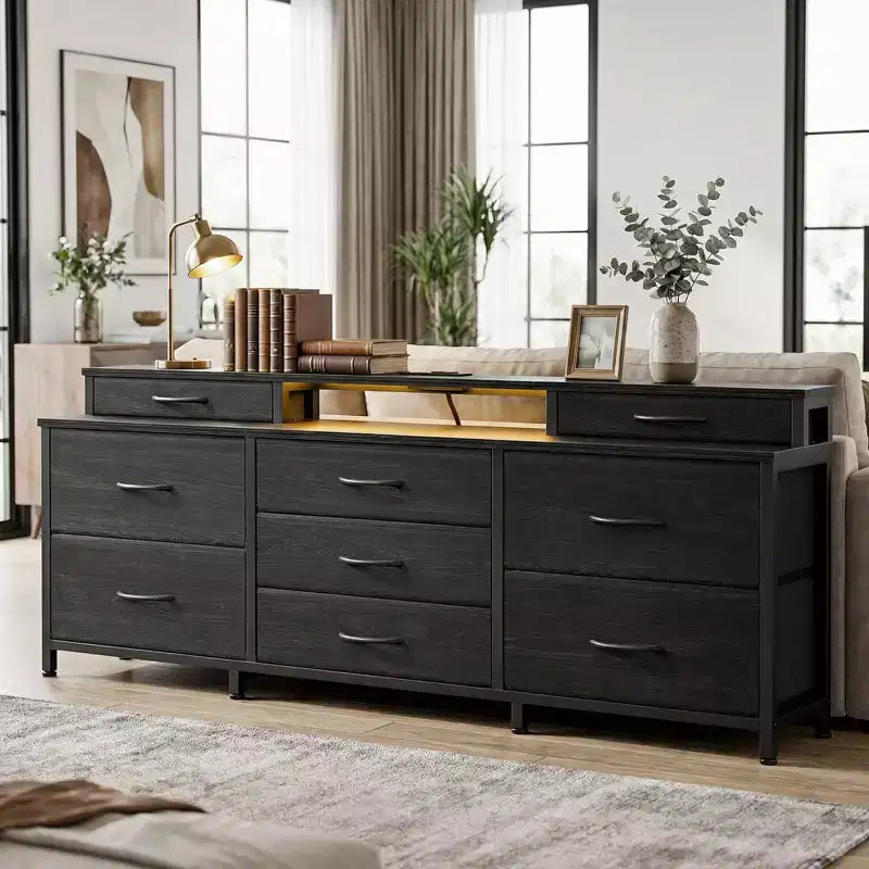 Cassettiera in tessuto grande, larga 160 cm, con 9 cassetti, luci LED, prese elettriche, ripiani e organizer, camera da letto, piano in legno nero