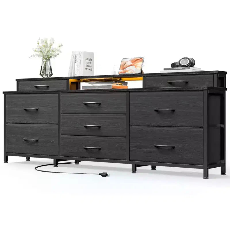 Cassettiera in tessuto grande, larga 160 cm, con 9 cassetti, luci LED, prese elettriche, ripiani e organizer, camera da letto, piano in legno nero