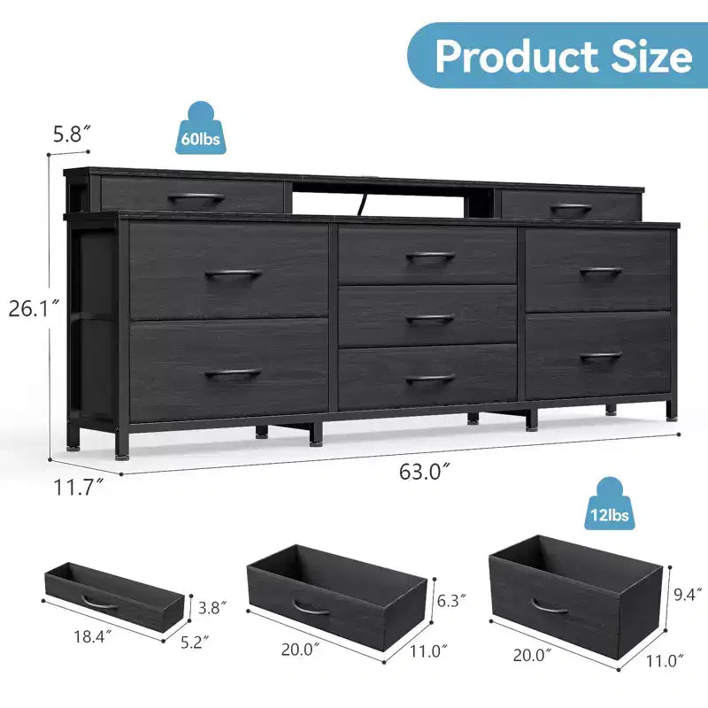 Cassettiera in tessuto grande, larga 160 cm, con 9 cassetti, luci LED, prese elettriche, ripiani e organizer, camera da letto, piano in legno nero