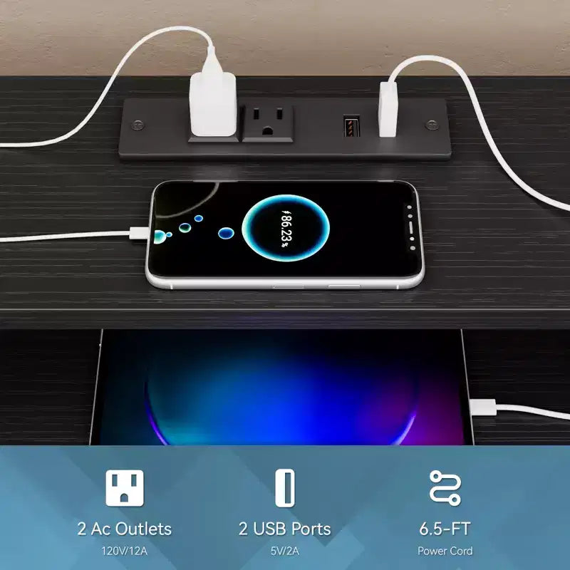 Cassettiera in tessuto grande, larga 160 cm, con 9 cassetti, luci LED, prese elettriche, ripiani e organizer, camera da letto, piano in legno nero