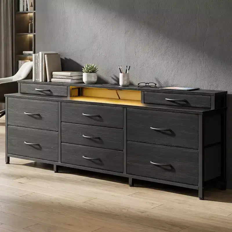 Cassettiera in tessuto grande, larga 160 cm, con 9 cassetti, luci LED, prese elettriche, ripiani e organizer, camera da letto, piano in legno nero