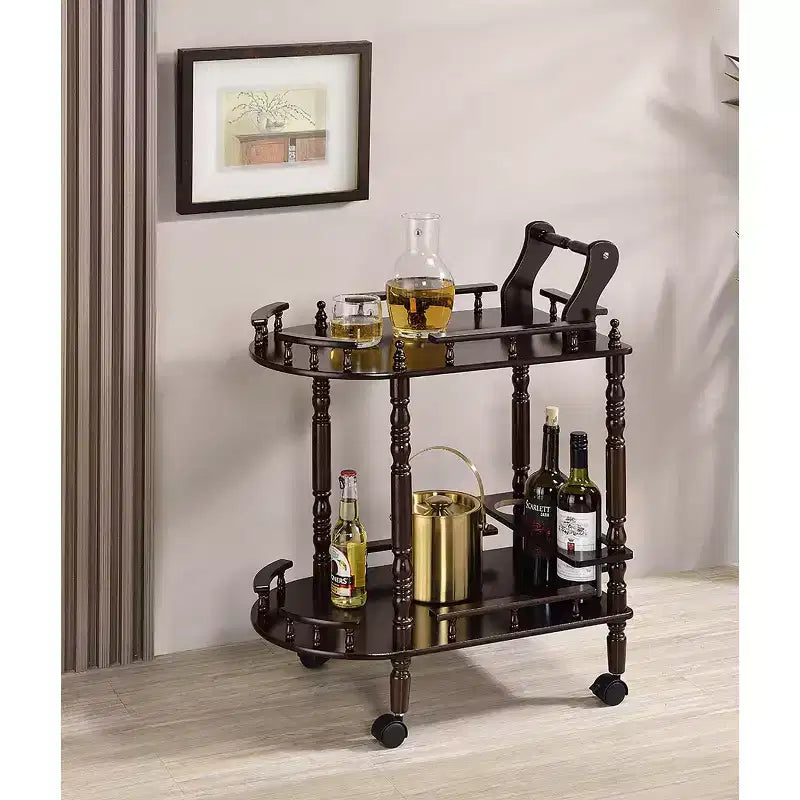 Carrello da portata per vini a 2 ripiani da 29" Ciliegio - Ore International: ripiani in legno ing, portabottiglie da 3 bottiglie, ruote piroettanti