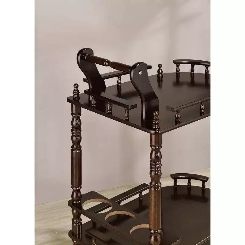 Carrello da portata per vini a 2 ripiani da 29" Ciliegio - Ore International: ripiani in legno ing, portabottiglie da 3 bottiglie, ruote piroettanti