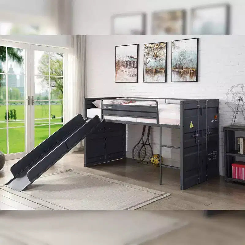 Letto a soppalco singolo da 80" con scivolo e scaletta, struttura in metallo - : Nessuna molla richiesta