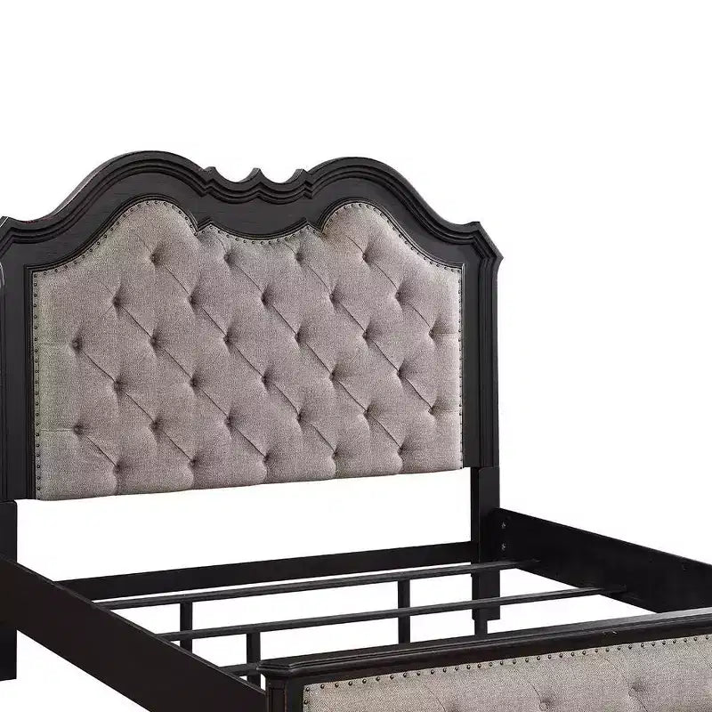 Letto Queen size 5" Chelmsford, tessuto beige, finitura nera anticata - : Rivestimento in lino, struttura in legno, design capitonné