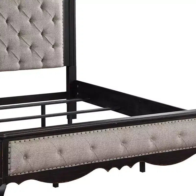 Letto Queen size 5" Chelmsford, tessuto beige, finitura nera anticata - : Rivestimento in lino, struttura in legno, design capitonné