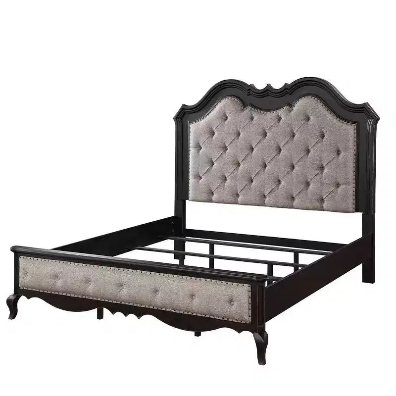 Letto Queen size 5" Chelmsford, tessuto beige, finitura nera anticata - : Rivestimento in lino, struttura in legno, design capitonné