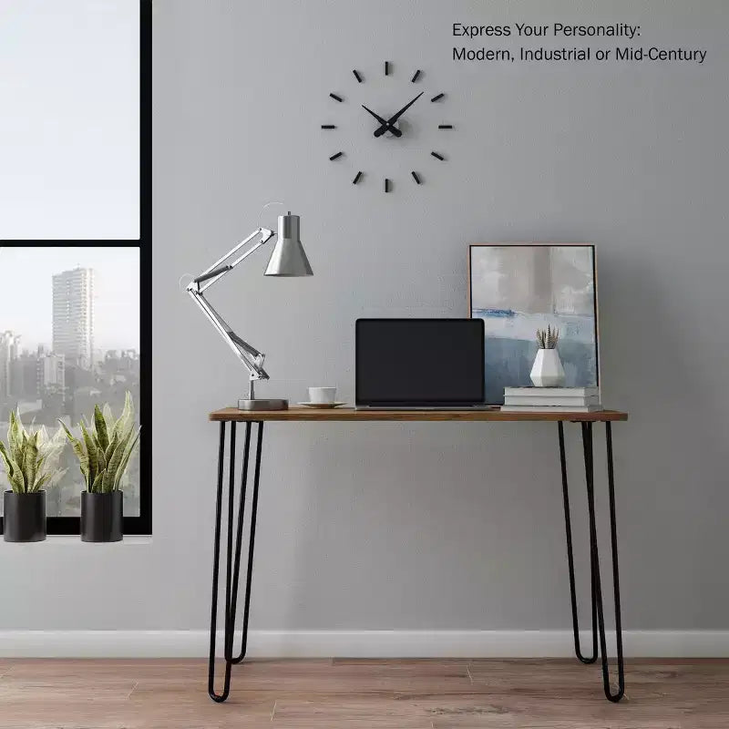 Scrivania con Gambe a Forcina - Arredamento per la Casa in Stile Industriale Moderno - Effetto Venature del Legno e Dettagli in Acciaio
