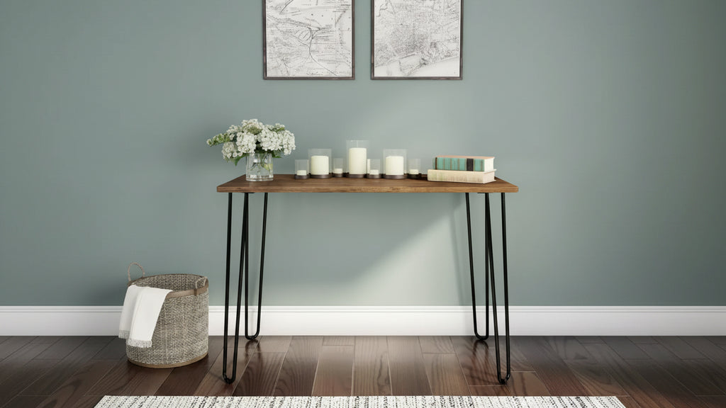 Scrivania con Gambe a Forcina - Arredamento per la Casa in Stile Industriale Moderno - Effetto Venature del Legno e Dettagli in Acciaio