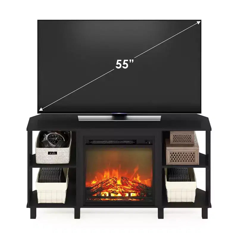 Mobile TV ad angolo con caminetto, Console multimediale con 4 vani a giorno per TV fino a 55", Americano
