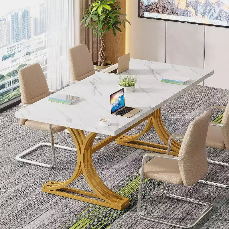 Tavolo da conferenza da 1,5 m per 4-6 persone, tavolo da riunione moderno con piano in finto marmo, tavolo da seminario aziendale per l'home office