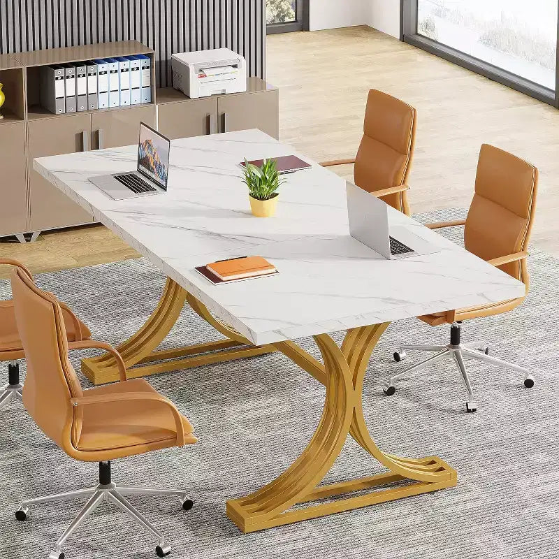 Tavolo da conferenza da 1,5 m per 4-6 persone, tavolo da riunione moderno con piano in finto marmo, tavolo da seminario aziendale per l'home office