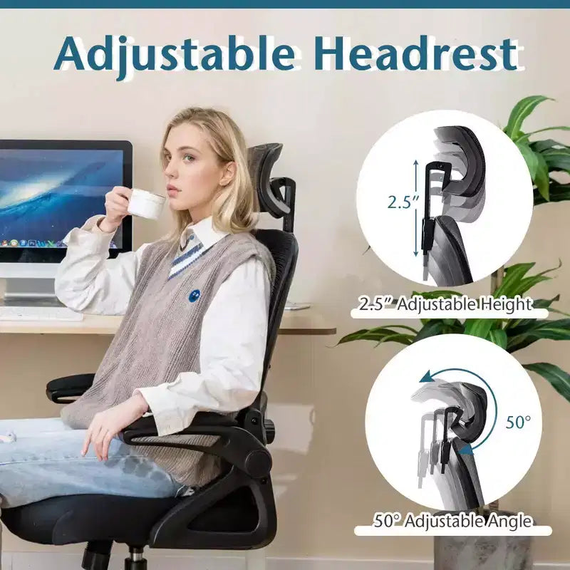 Sedia da ufficio ergonomica con supporto lombare regolabile, schienale basculante e braccioli, Bianco/Nero