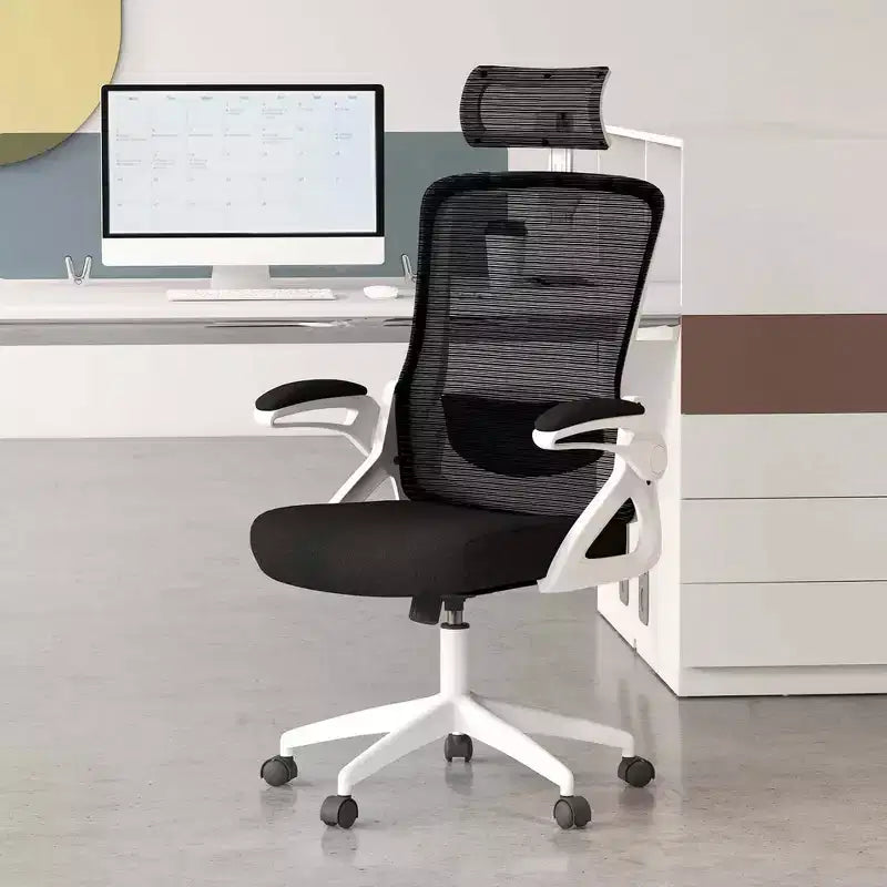 Sedia da ufficio ergonomica con supporto lombare regolabile, schienale basculante e braccioli, Bianco/Nero