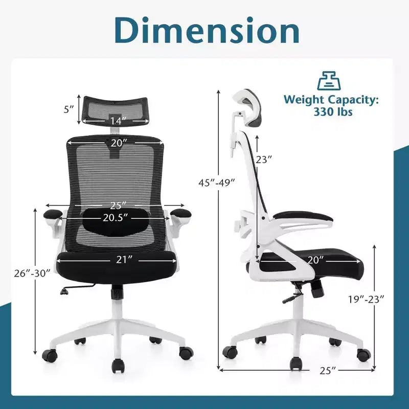 Sedia da ufficio ergonomica con supporto lombare regolabile, schienale basculante e braccioli, Bianco/Nero