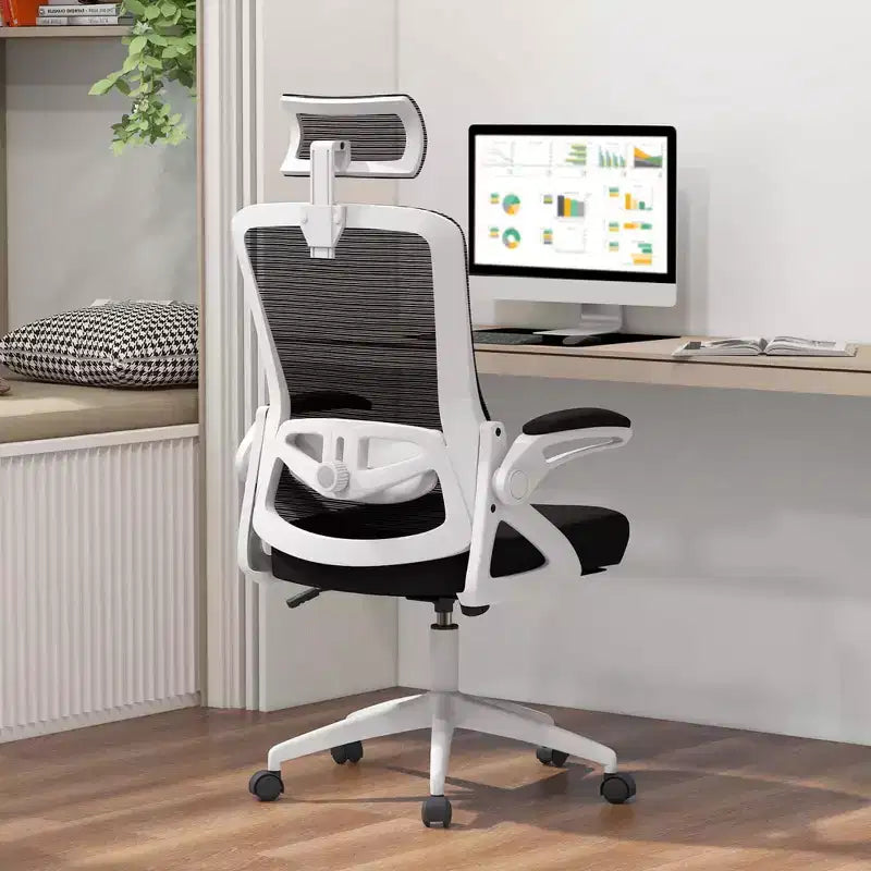 Sedia da ufficio ergonomica con supporto lombare regolabile, schienale basculante e braccioli, Bianco/Nero