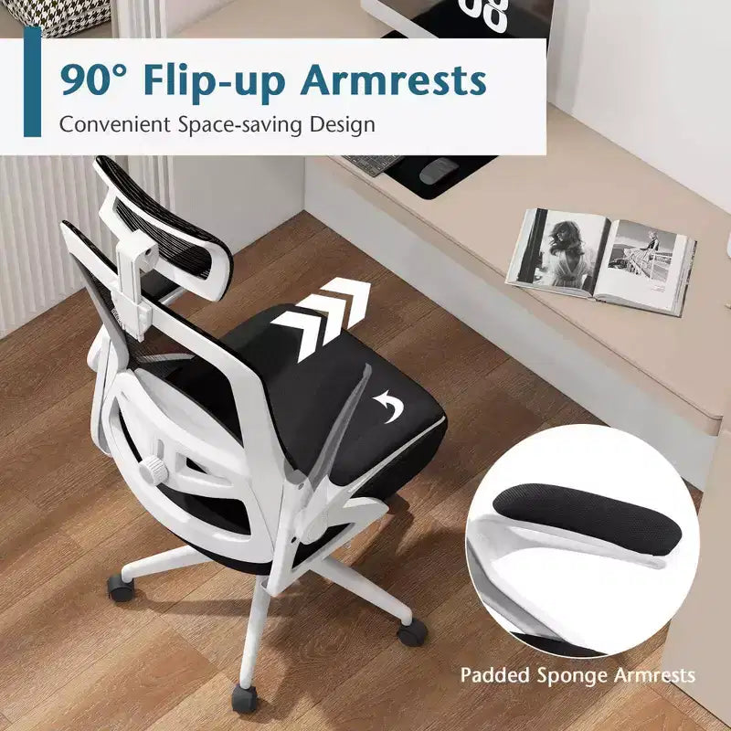 Sedia da ufficio ergonomica con supporto lombare regolabile, schienale basculante e braccioli, Bianco/Nero