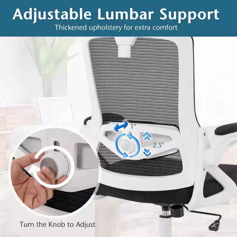 Sedia da ufficio ergonomica con supporto lombare regolabile, schienale basculante e braccioli, Bianco/Nero