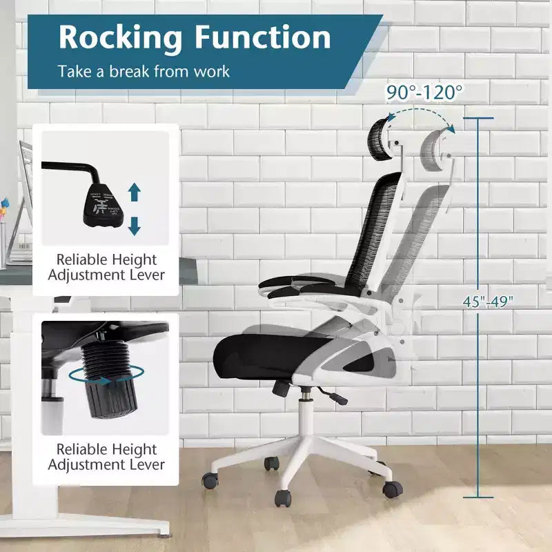 Sedia da ufficio ergonomica con supporto lombare regolabile, schienale basculante e braccioli, Bianco/Nero