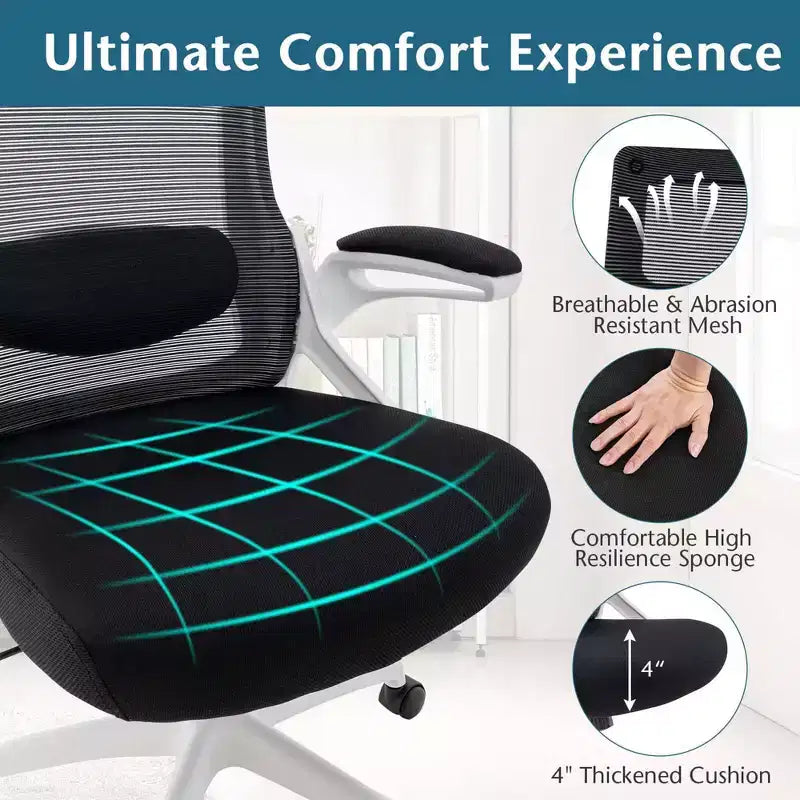 Sedia da ufficio ergonomica con supporto lombare regolabile, schienale basculante e braccioli, Bianco/Nero