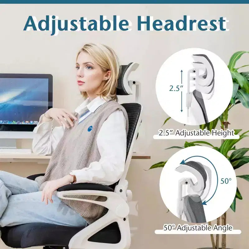 Sedia da ufficio ergonomica con supporto lombare regolabile, schienale basculante e braccioli, Bianco/Nero