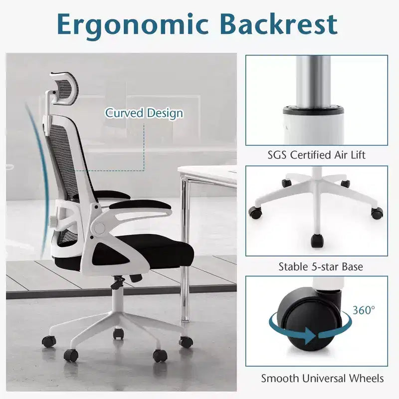 Sedia da ufficio ergonomica con supporto lombare regolabile, schienale basculante e braccioli, Bianco/Nero