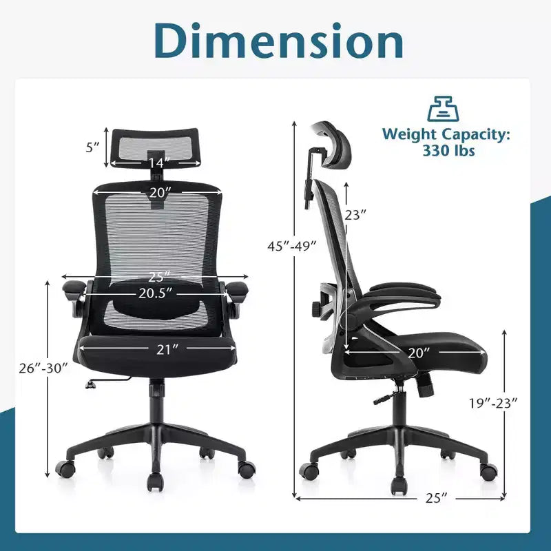 Sedia da ufficio ergonomica con supporto lombare regolabile, schienale basculante e braccioli, Bianco/Nero
