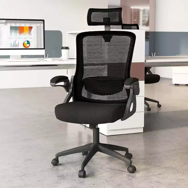 Sedia da ufficio ergonomica con supporto lombare regolabile, schienale basculante e braccioli, Bianco/Nero