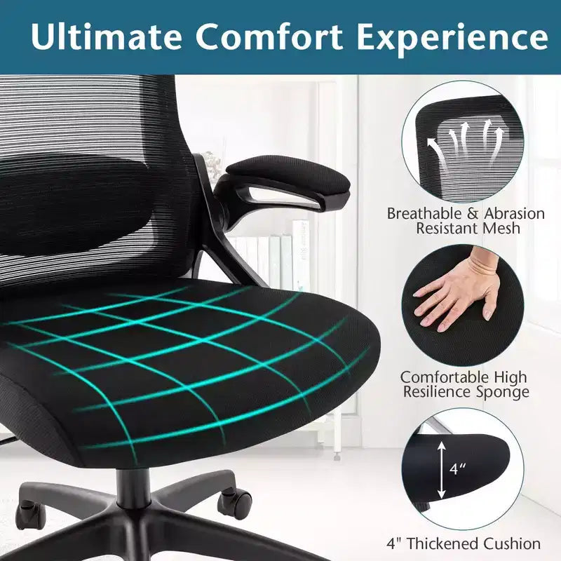 Sedia da ufficio ergonomica con supporto lombare regolabile, schienale basculante e braccioli, Bianco/Nero