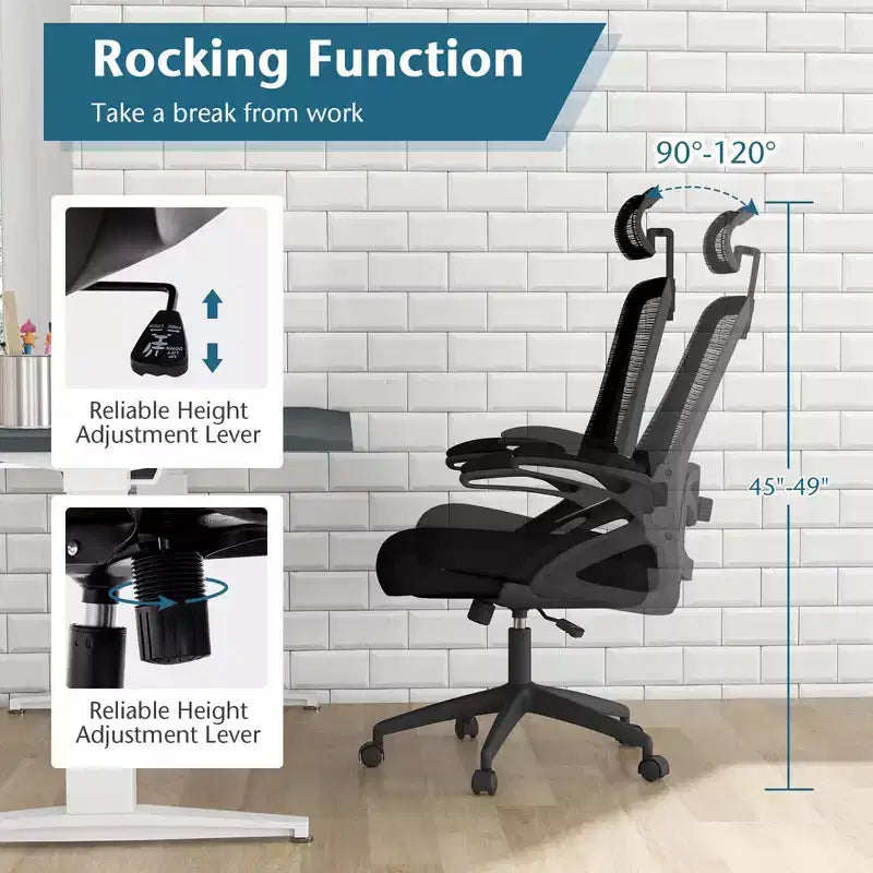 Sedia da ufficio ergonomica con supporto lombare regolabile, schienale basculante e braccioli, Bianco/Nero