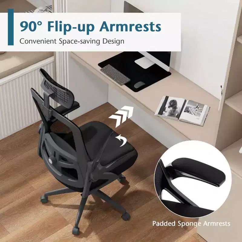 Sedia da ufficio ergonomica con supporto lombare regolabile, schienale basculante e braccioli, Bianco/Nero
