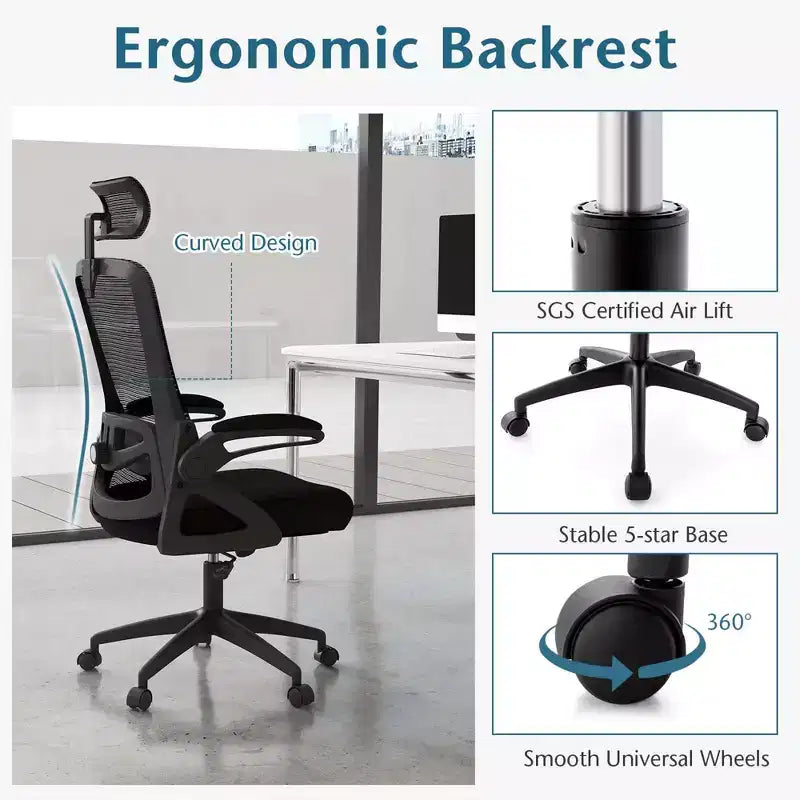 Sedia da ufficio ergonomica con supporto lombare regolabile, schienale basculante e braccioli, Bianco/Nero