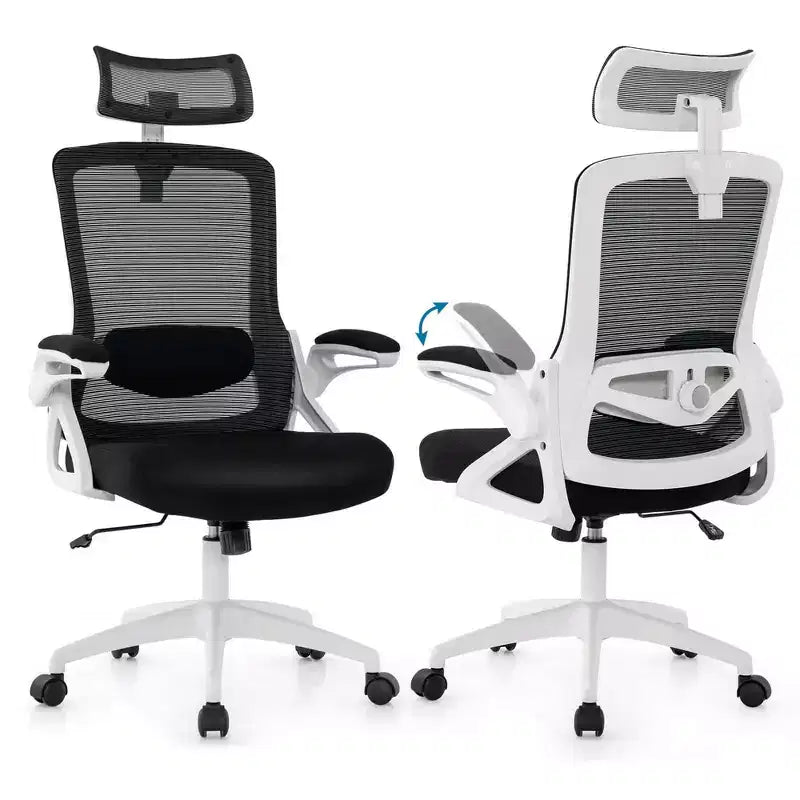 Sedia da ufficio ergonomica con supporto lombare regolabile, schienale basculante e braccioli, Bianco/Nero