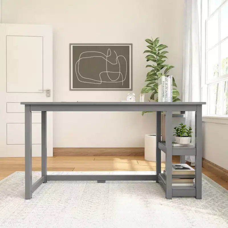 Scrivania in Legno Massello con Scaffali per Computer, Gaming, Studio, Scrivania per Ufficio Domestico, 55