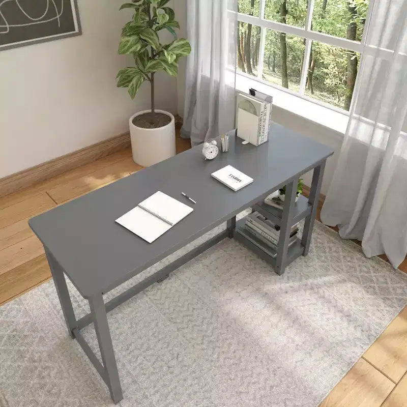 Scrivania in Legno Massello con Scaffali per Computer, Gaming, Studio, Scrivania per Ufficio Domestico, 55